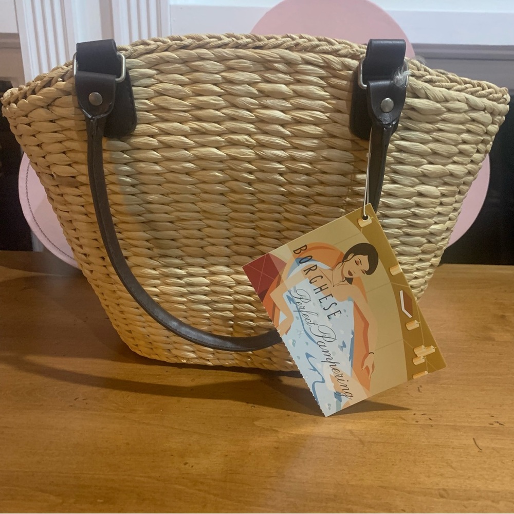 Borghese Straw Jute Shoulder Bag with Brown and White Polka Dot Lining NWT